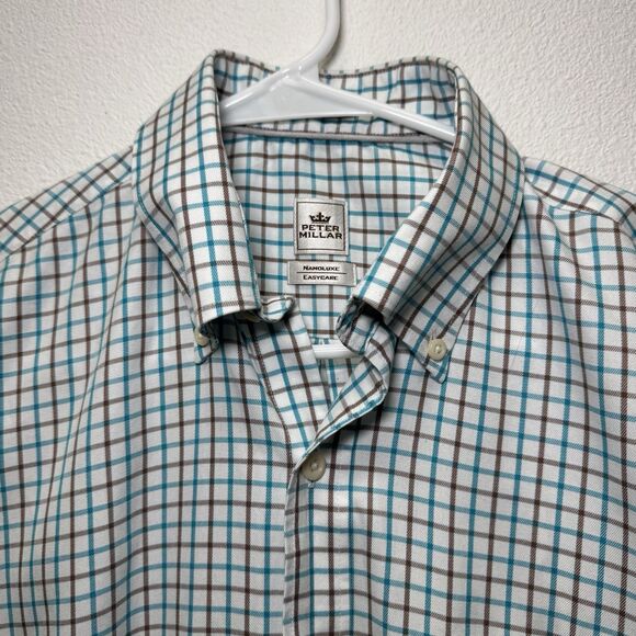 Peter Millar Shirt Medium Teal Brown Plaid Button Down Nanoluxe Easycare - Picture 1 of 8